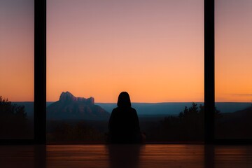Silhouette of a person watching a breathtaking sunset from a room. The silhouette person sitting in front of wide window. The scenic view of orange sky 