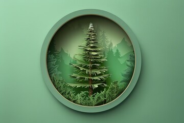 Pine tree in round frame on green background, Ai generated
