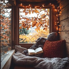 A cozy autumn reading nook bathed in warm light features a person led in knitted blankets near a window with fall foliage outside enjoying a book.
