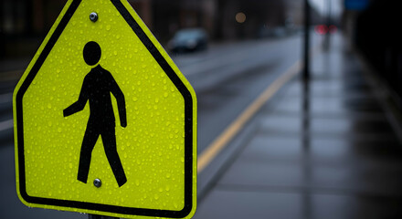 Pedestrian Crossing Sign On A Rainy Day Emphasizing Road Safety Awareness