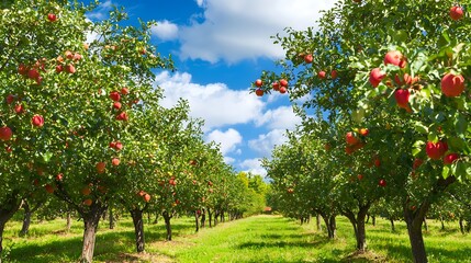 Fototapeta premium Lush orchard scene with rows of fruit trees laden with ripe red s under a vibrant blue sky providing ample copy space for text or ing perfect for agricultural or