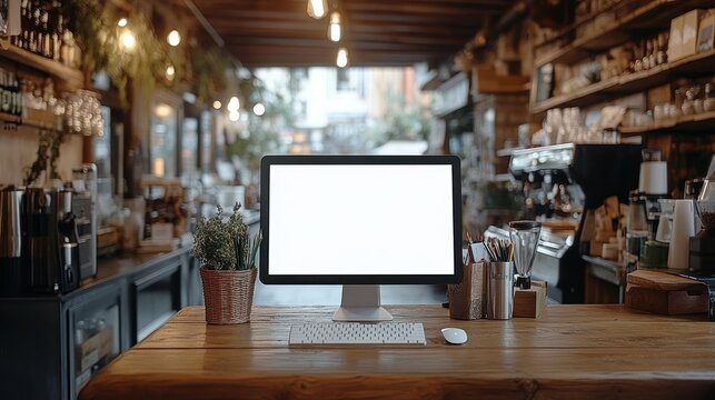 Cafe computer on wooden counter