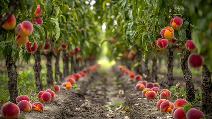 Lush rows of vibrant peach trees laden with ripe, juicy peaches in a sun-drenched orchard provide a picturesque copy space for text ideal for food blogs or agricultural