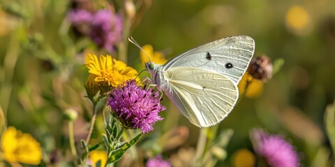 A delicate butterfly resting on a vibrant flower in a sunlit meadow