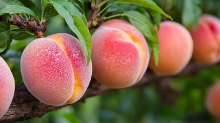 Juicy ripe peaches hang heavy on the branch in a vibrant peach orchard ready for harvest providing ample copy space for text and showcasing the sweetness of summer fruit.