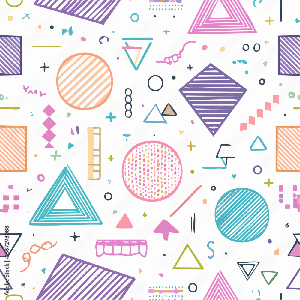 Poster a colorful, seamless pattern with various geometric shapes and hand-drawn elements scattered on a wh