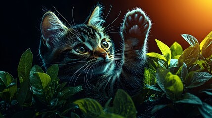 A playful tabby kitten with curious eyes emerges from lush green foliage raising a paw in a captivating garden scene illuminated by warm sunlight creating a whical and