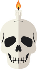 A stylized illustration of a skull with a burning candle on top.