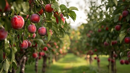 Lush rows of vibrant red plums hang heavy on the branches in a sun-drenched plum orchard providing ample copy space for text perfect for agricultural or food industry marketing.