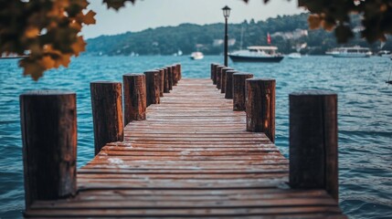 Fototapeta premium Wooden pier extending into a calm blue lake with boats and a distant shoreline.