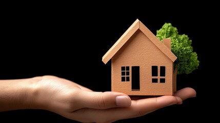 Cardboard house model in hand with small green tree Sustainable housing concept