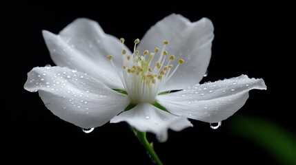 Close-Up of White Jasmine Flower with Dew Drops on Petals Against Black Background