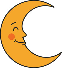 A cheerful, orange crescent moon with a smiling face and rosy cheeks.
