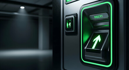 Illuminated Payment Terminal At Parking Facility In Dark Underground Garage