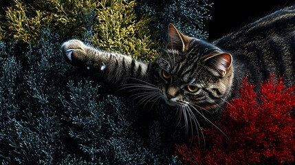 A playful tabby cat with curious eyes stealthily explores a vibrant garden, its paw reaching out to touch colorful foliage in a dramatic low-key setting.