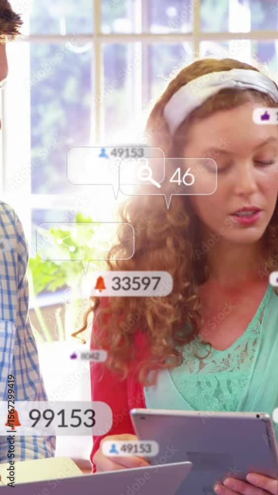Poster animation of changing numbers and notification icons over diverse coworkers discussing over tablet