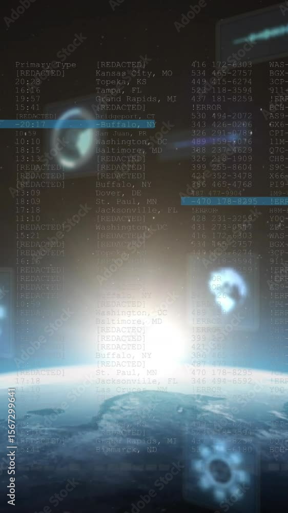 Poster animation of round scanners and data processing against glowing light spot over globe