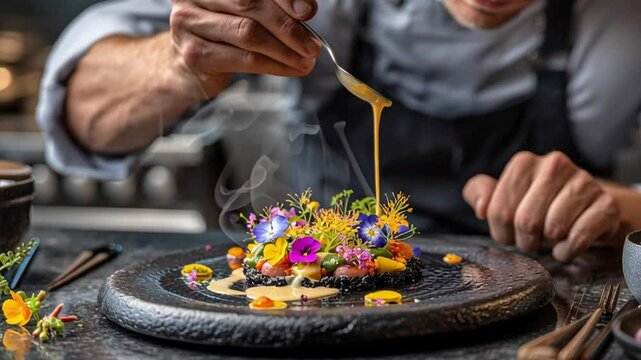 Chef carefully plating a gourmet dish with edible flowers and pouring sauce.