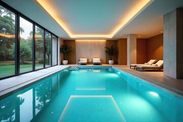 Tranquil Indoor Pool Shimmering Water, Modern Design, Perfect for Relaxation and Aquatic Fitness