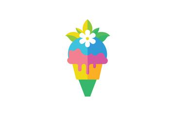 Colorful Ice Cream Cone Illustration with Flower and Leaf Decorations A Sweet Treat for a Summer Day