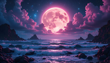 Fantasy Ocean Landscape with Glowing Full Moon, Pink Clouds, Rocky Mountains, and Magical Night Sky Over a Dreamy Violet Sea