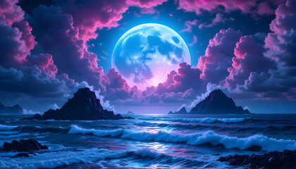 Fantasy Ocean Landscape with Glowing Full Moon, Pink Clouds, Rocky Mountains, and Magical Night Sky Over a Dreamy Violet Sea