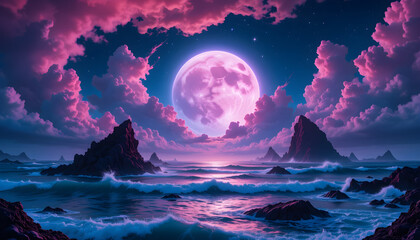 Fantasy Ocean Landscape with Glowing Full Moon, Pink Clouds, Rocky Mountains, and Magical Night Sky Over a Dreamy Violet Sea