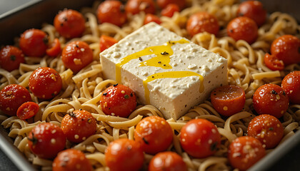 Fototapeta premium Delicious Creamy Vegan Feta Pasta with Roasted Cherry Tomatoes
