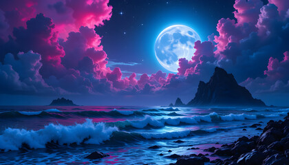 Fantasy Ocean Landscape with Glowing Full Moon, Pink Clouds, Rocky Mountains, and Magical Night Sky Over a Dreamy Violet Sea
