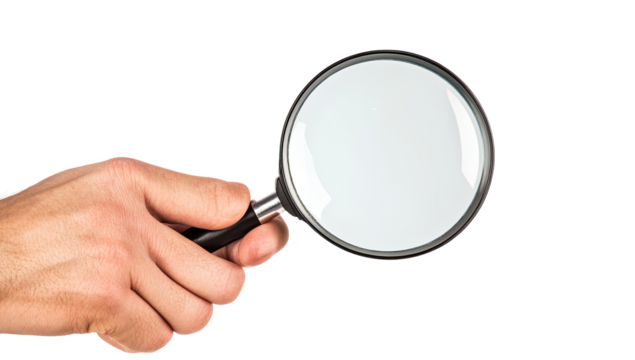 A hand holding a magnifying glass