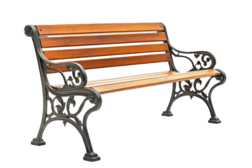 Park bench with wooden seat and ornate metal frame