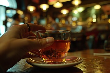 Woman's hand holding cup of tea on wooden table in pub, closeup, Ai generated