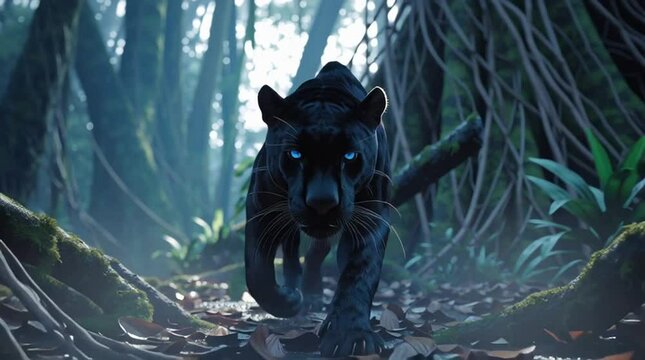 Black panther in jungle, black panther in jungle, black panther in jungle cinematic 8K moonlit hunting scene, Nocturnal Big Cat Hunting Behavior,