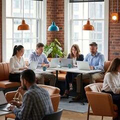 Diverse team collaborating on laptops in a modern office co working space environment
