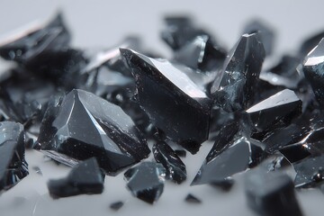 Close-up shot of black crystals on white surface revealing sharp angles, geometric shapes and shiny textures.