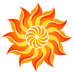 A vivid mandala with fiery swirls of orange and yellow, radiating warmth like a blooming sun.