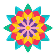 A kaleidoscope mandala with multicolored petal patterns extending outward from a radiant center.