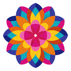 A vibrant mandala with colorful, overlapping petals in a stained-glass-inspired radial design.