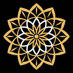 A refined mandala layered in gold with overlapping petals, balanced on a rich black canvas.