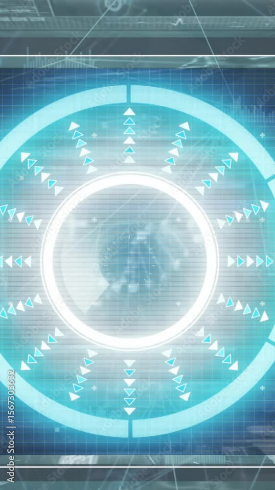 Poster animation of interface with round scanner and data processing against network of connections