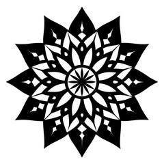 - A symmetric black and white mandala with dense floral and geometric elements, conveying traditional craftsmanship.