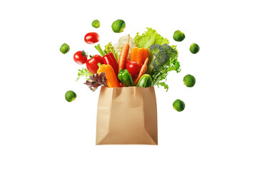 Brown paper bag overflowing with colorful fresh vegetables, with scattered sprouts