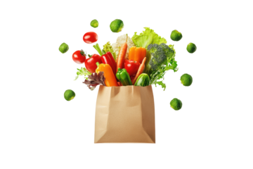 Brown paper bag overflowing with colorful fresh vegetables, with scattered sprouts