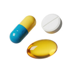 A collection of diverse medication forms, including a blue and yellow capsule, a white tablet, and a yellow softgel, representing various health treatments.