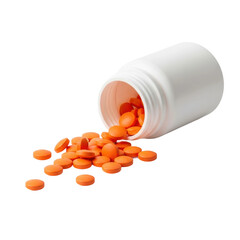 A white plastic medicine bottle lies on its side with numerous bright orange pills spilled out. Ideal for concepts of health, medication, or overdose.