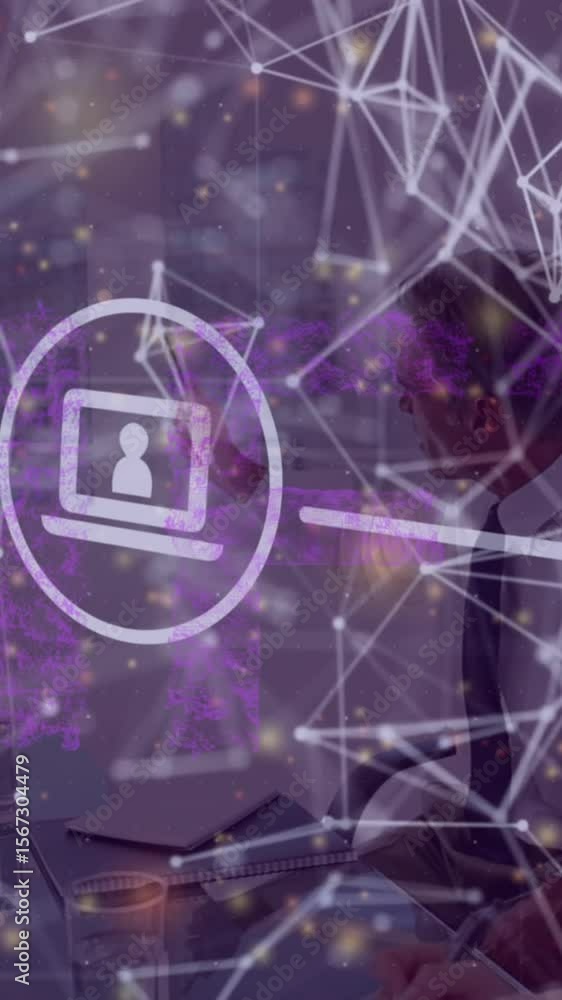 Poster animation of connections with icons and data processing over diverse business people