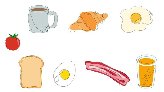 Frame of breakfast food. One line drawings minimal illustration. Bread, toast, egg, fried egg, tomato. Horizontal loop video on white background. Copy space.