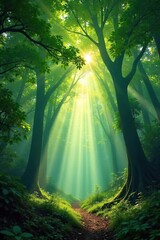 Sunbeams Dance Through Enchanted Forest Canopy A Magical, Ethereal Perspective Evoking Flight and Wonder
