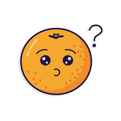 Cute cartoon orange fruit character with a confused expression and a question mark. Adorable, puzzling, and quirky food emoji illustration.