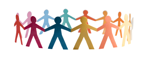 Colorful paper cutout figures holding hands in a circle symbolizing unity, teamwork, and collaboration on a plain background.